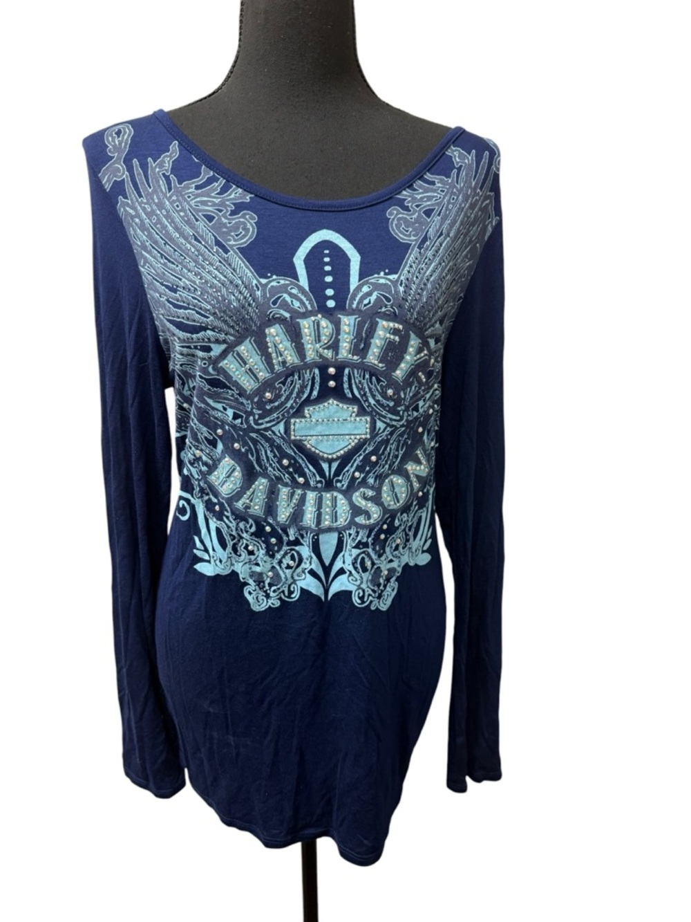 Harley Davidson Navy Studded Graphic Long Sleeve Open Back Top L Boho
